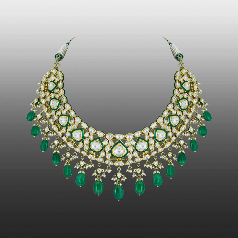 Polki Necklace with Green Enamel and Emerald Drops